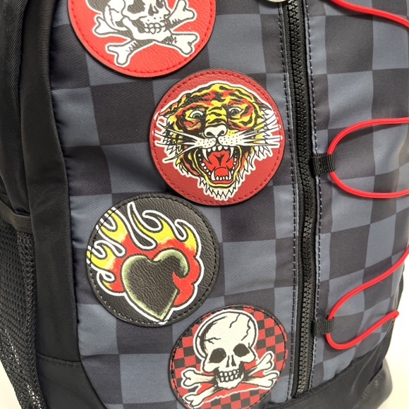 Ed Hardy Tattoo Patch Backpack Skull Tiger Flame Print Black Gray Checkered NWT - Picture 4 of 11